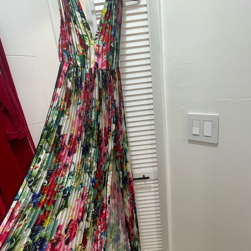 The Sang, floral bouquet maxi dress, low back. Pleated fabric NWOT sexy. Medium